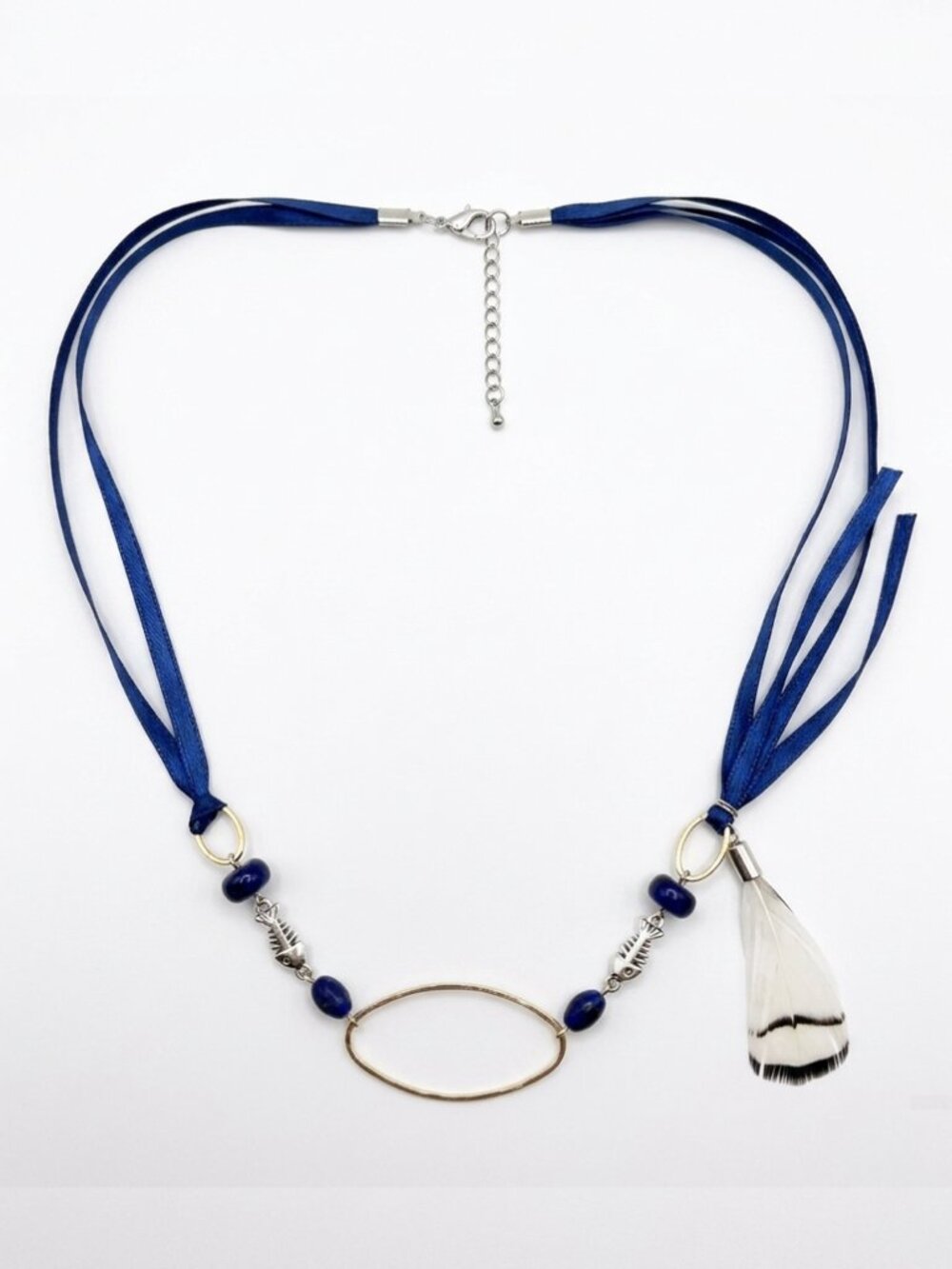 Creation - Short necklace - ruban feather & beads blue white